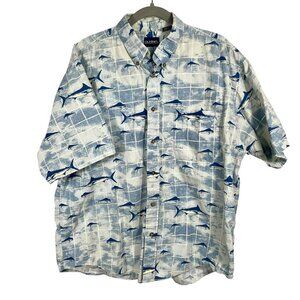 Puritan Short Sleeve Cotton Button Down Swordfish Shirt Blue White Men's Size XL